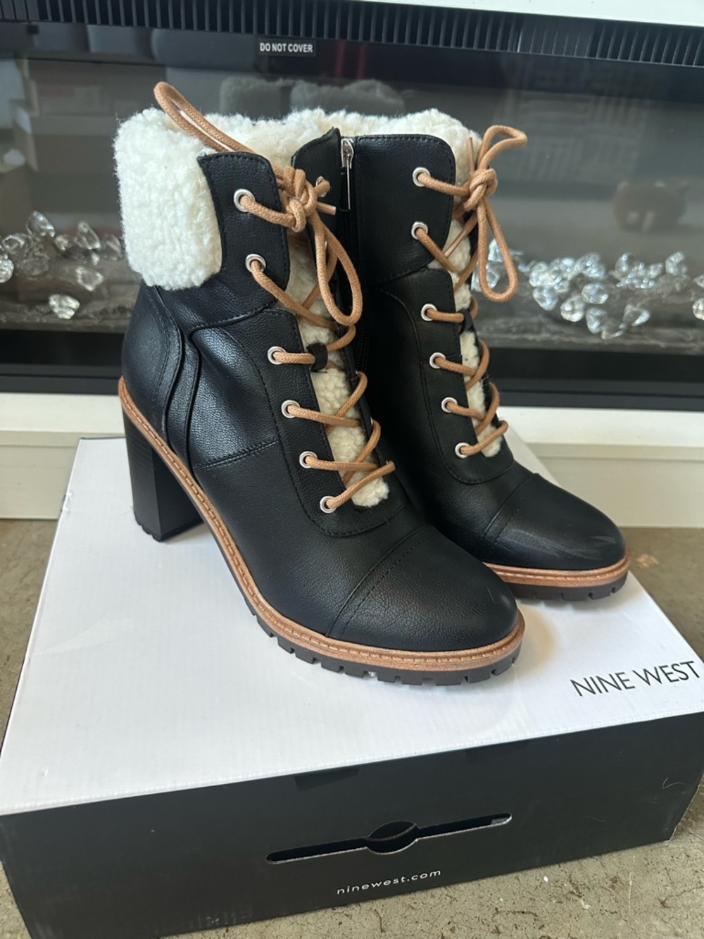 Nine West Black Leather Lace-Up Shearling-Trim Block Heel Boots